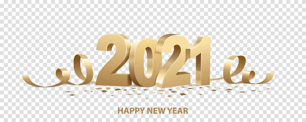 Mutlu yıllar 2021. Kurdeleli ve konfetili altın 3D sayılar, saydam arkaplanda izole edilmiş..