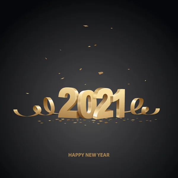 Gelukkig Nieuwjaar 2021 Golden Nummers Met Linten Confetti Een Zwarte — Stockvector