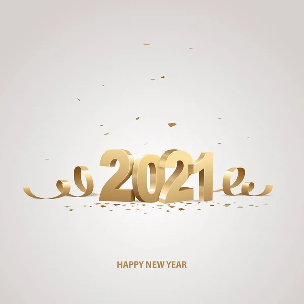 Gelukkig Nieuwjaar 2021 Gouden Nummers Met Linten Confetti Een Witte — Stockvector