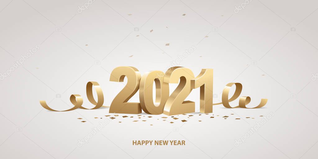 Happy New Year 2021. Golden 3D numbers with ribbons and confetti on a white background.