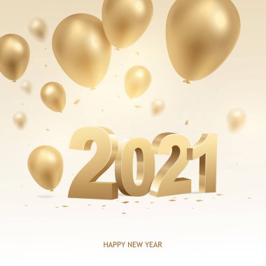 Mutlu yıllar 2021. Balonlu altın 3D sayılar ve parlak arkaplanda konfeti.