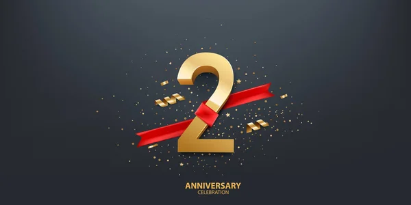 Tweede Verjaardag Viering Achtergrond Gouden Nummer Verpakt Met Rood Lint — Stockvector