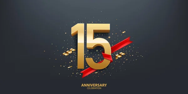 15周年記念の背景 3D黄金の番号は 黒の背景に赤いリボンとコンフェッティで包まれた — ストックベクタ