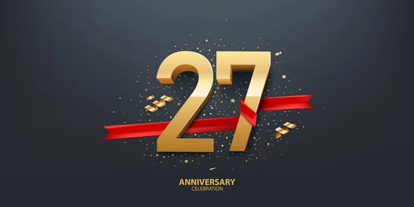 27E Anniversaire Fond Célébration Nombre Enveloppé Avec Ruban Rouge Confettis — Image vectorielle