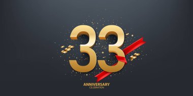 33. yıl dönümü kutlamaları. Kırmızı kurdele ve siyah arka planda konfeti ile sarılı 3D altın sayı.