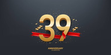 39. yıl dönümü kutlamaları. Kırmızı kurdele ve siyah arka planda konfeti ile sarılı 3D altın sayı.