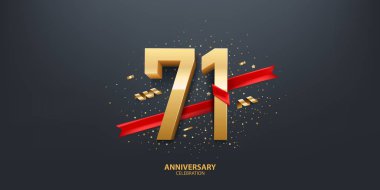 71. yıl dönümü kutlamaları. Kırmızı kurdele ve siyah arka planda konfeti ile sarılı 3D altın sayı.