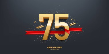 75. yıl dönümü kutlaması geçmişi. Kırmızı kurdele ve siyah arka planda konfeti ile sarılı 3D altın sayı.