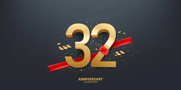 Fond Célébration 32E Anniversaire Nombre Enveloppé Avec Ruban Rouge Confettis — Image vectorielle