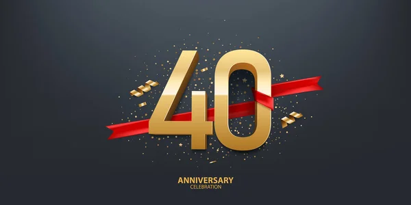 40Th Year Anniversary Celebration Background Golden Number Wrapped Red Ribbon — Stock Vector