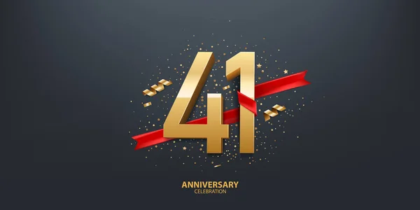 41周年記念イベントの背景 3D黄金の番号は 黒の背景に赤いリボンとコンフェッティで包まれた — ストックベクタ