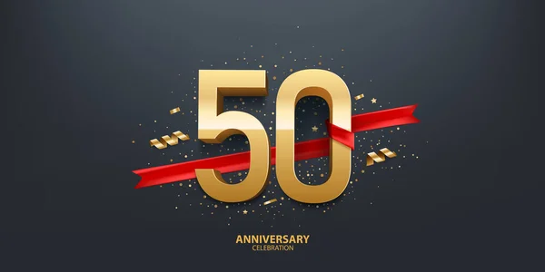 50E Anniversaire Fond Célébration Nombre Enveloppé Avec Ruban Rouge Confettis — Image vectorielle