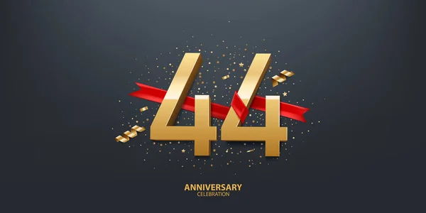 44Esimo Anniversario Celebrazione Sfondo Numero Dorato Avvolto Con Nastro Rosso — Vettoriale Stock