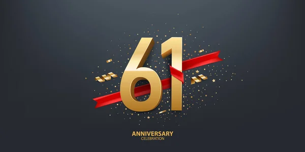 61St Year Anniversary Celebration Background Golden Number Wrapped Red Ribbon — Stock Vector