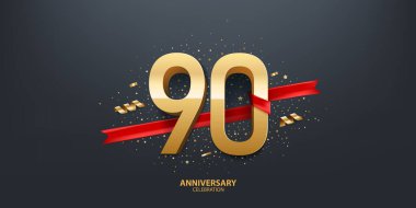 90. yıl dönümü kutlaması geçmişi. Kırmızı kurdele ve siyah arka planda konfeti ile sarılı 3D altın sayı.
