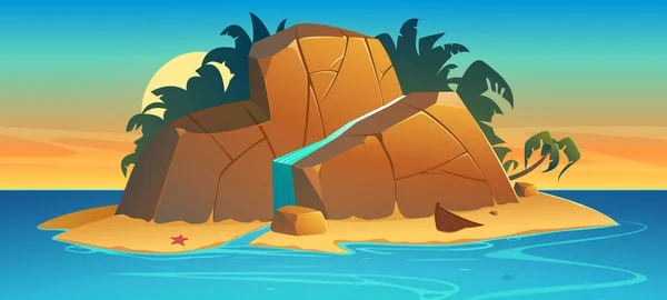Illustration Cartoon Petite Île Tropicale Avec Cascade Dans Océan — Image vectorielle
