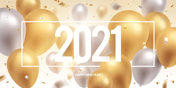 Happy New Year 2021 Gold Silver Balloons Confetti Holiday Greeting — Stock Vector
