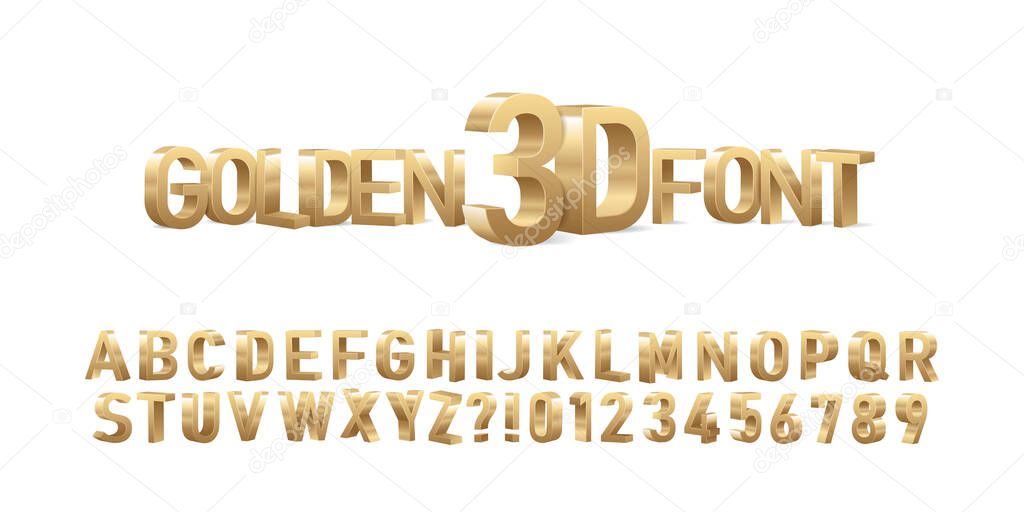 Golden 3D font. Vector Alphabet letters and numbers. Shiny modern gold 3D alphabet, isolated on white background