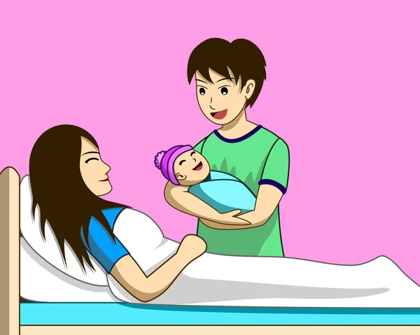 Vector Illustrator Father Carried Newborn Child Bed Mother Had Recuperated — ストックベクタ