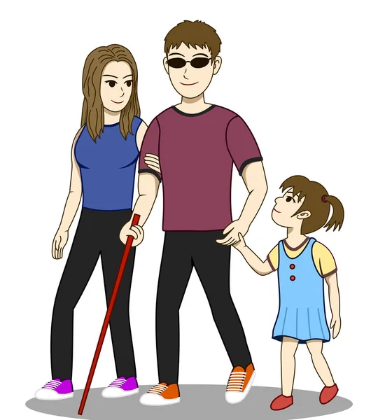 Vector Illustration Blind Man His Family Walking Together His Wife — Stock Vector