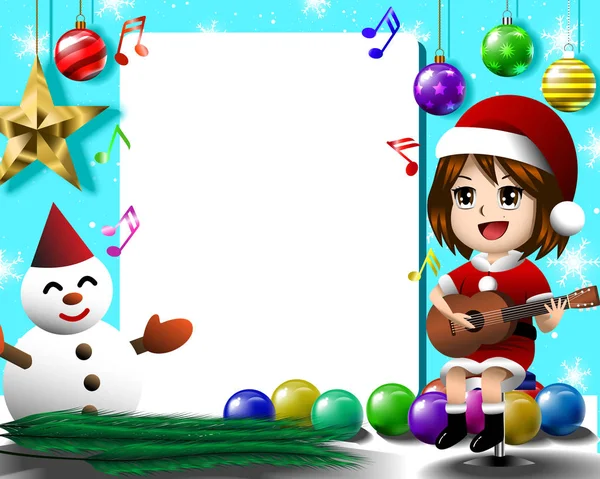Girl playing guitar and snowman merry christmas eps 10 — Stock Vector