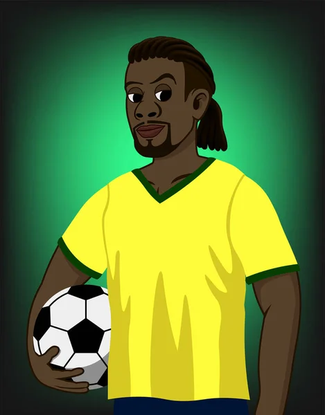 Illustration Vectorielle Footballeur Porte Une Chemise Jaune Tient Ballon Foot — Image vectorielle