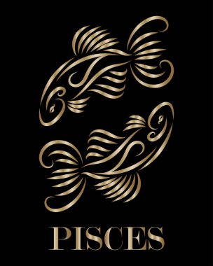 İki balığın altın çizgi vektör logosu. Balık burcunun işareti..