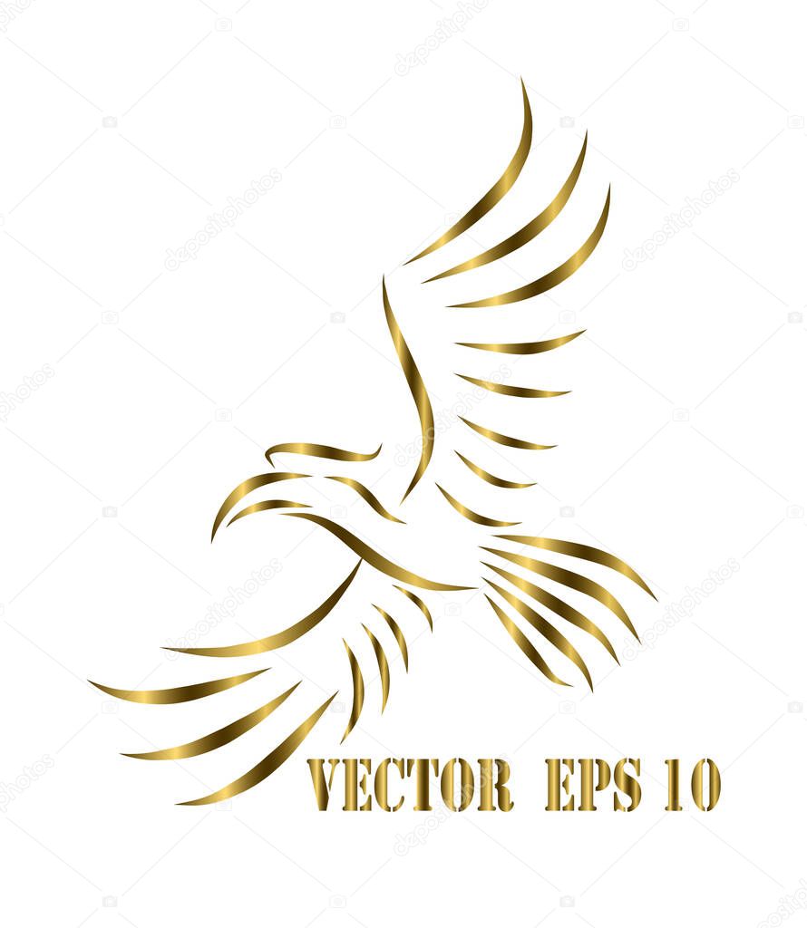 Golden line art vector logo of hornbill that is flying.