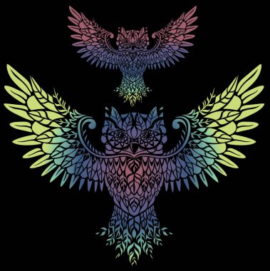 Koyu arkaplanda soyut renkli baykuşlar, basitçe vektör çizimi