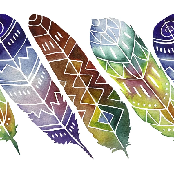 Pattern of colored feathers, vector feathers in the boho style. decorative illustrations for postcards, printing.  Colorful Ethnic feathers.