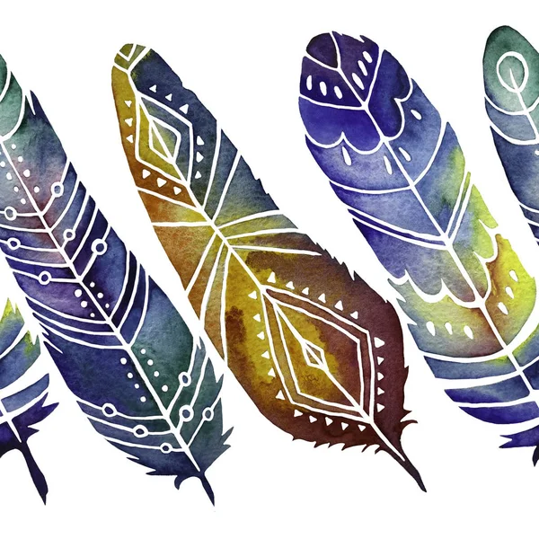 Pattern Colored Feathers Vector Feathers Boho Style Decorative Illustrations Postcards — Stock Photo, Image