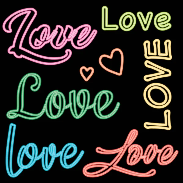 Schöne Signatur Liebe Neon Stil Verschiedene Farbige Schriftzüge Liebe — Stockvektor