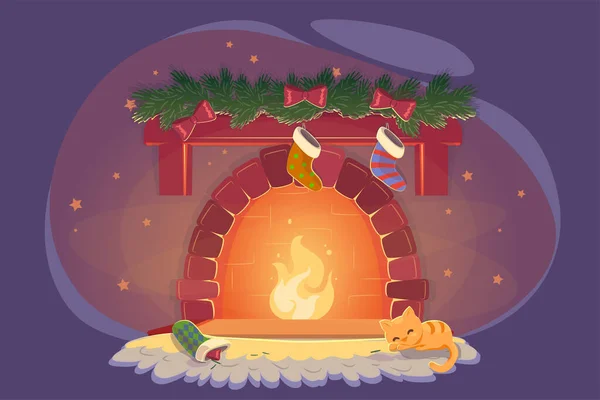 Card with xmas fireplace and sleeping cat, celebration decoration design. Playful kitty near christmas fire with socks. New year Cozy winter room, eve noel night flat vector illustration. — Stock Vector