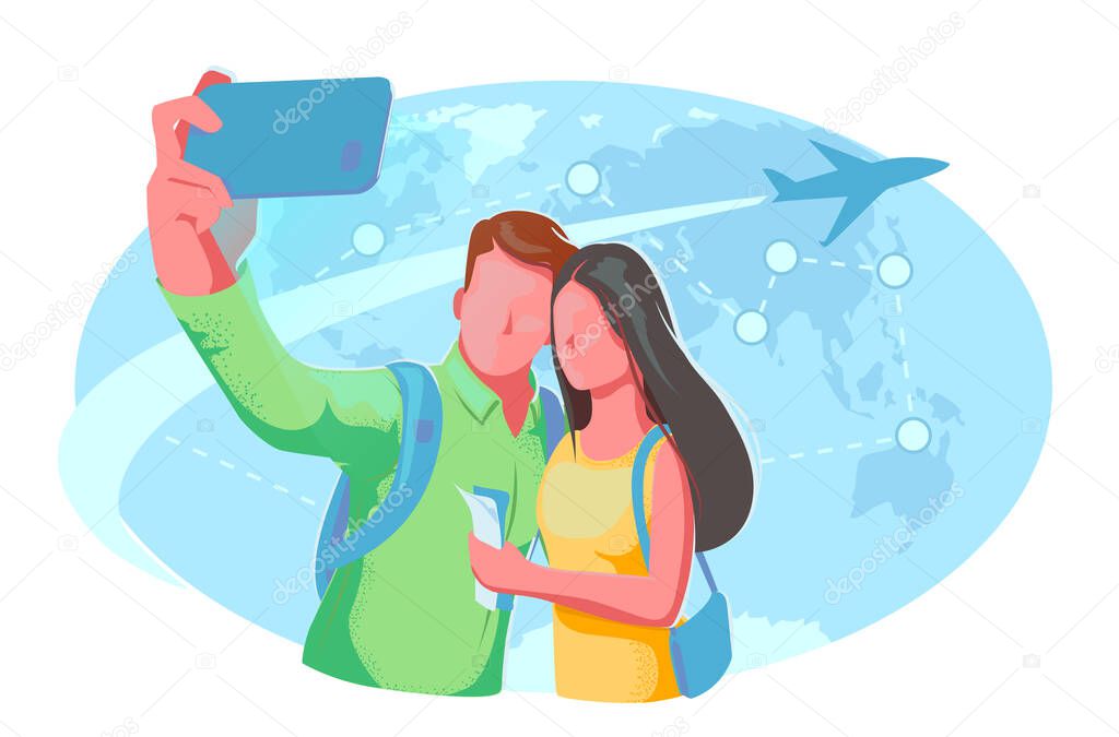 Around world flat illustration. Couple selfie travel Flight world map card. Romantic Journey, vacation, holiday concept. Honeymoon trip airplane banner. Travel agency poster Isolated white backdrop