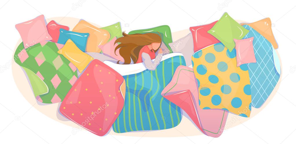 Pillows and blankets cover design, textile shop banner. Girl sleeping in cozy bed linen concept. Bedding set template. Web background fabric pattern. Dream card, top view. Flat vector illustration.