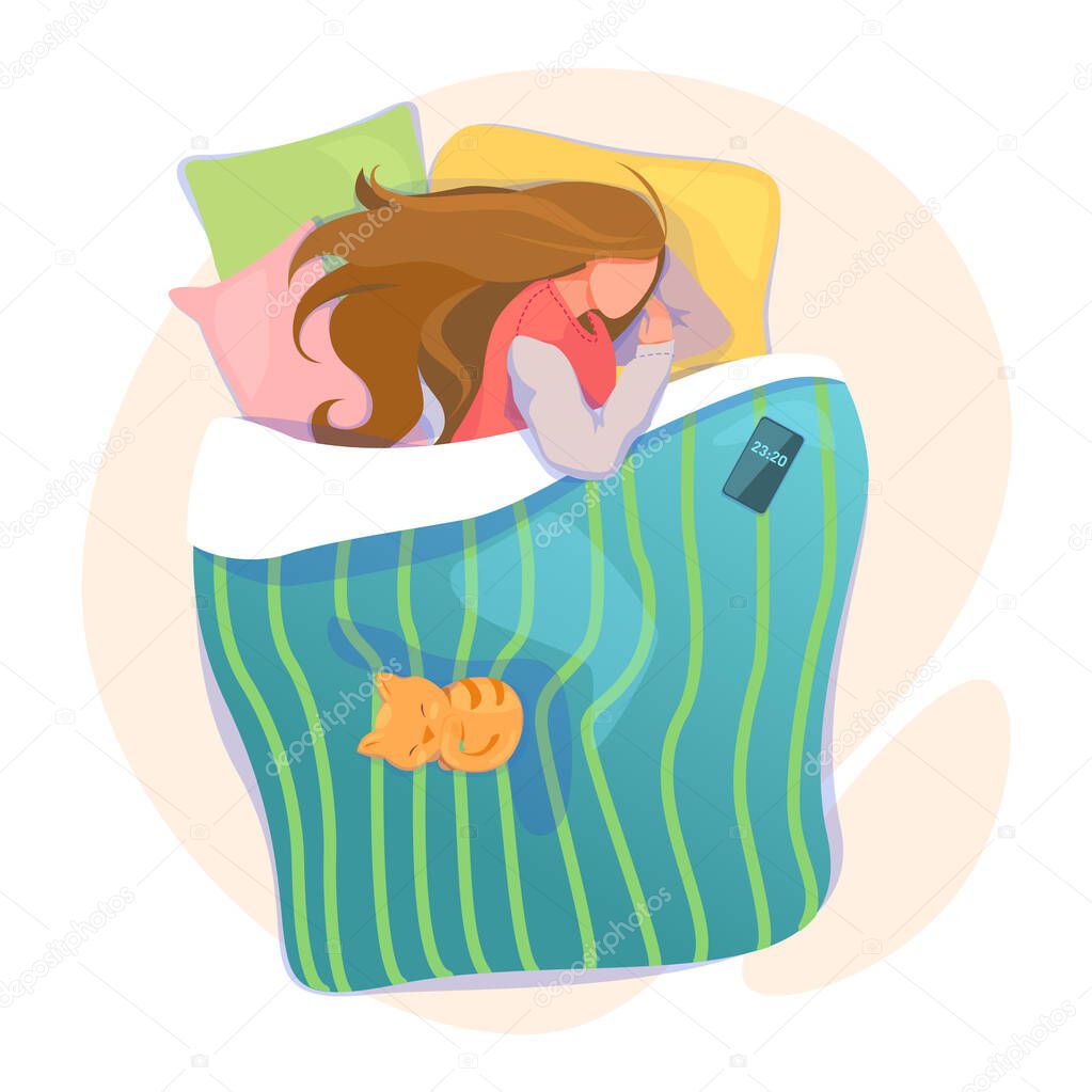 Speeling Woman in bed with phone and cat, cozy bedtime Illustration. Sleep Cycle alarm clock tracker template. Circadian rhythms concept. Good night, sweet dreams. Vector isolated white background.