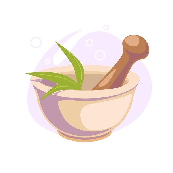 Mortar and pestle cartoon flat icon. Spa, wellness, chemistry, pharmaceutical concept Illustration for social media design. Nature Health care Vector isolated object white background. Cosmetic symbol — Stock Vector