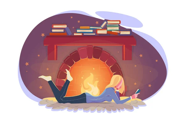 冬天，女孩在壁炉边看书。寒冷的天气说明。现代教育概念。舒适的冬季现代设计。在壁炉边学习的年轻妇女住在平坦的房子里.白雪公主的夜晚 — 图库矢量图片
