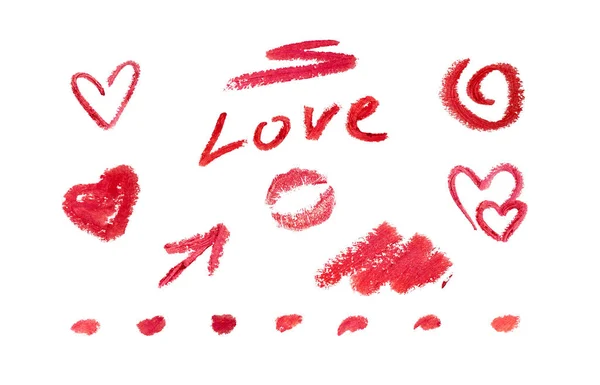 Set love scrap-book στοιχεία από κόκκινο κραγιόν. Ρομαντικό doodle συλλογή για πρόσκληση, ευχετήρια κάρτα. Ημέρα του Αγίου Βαλεντίνου πρότυπο στοιχείο διακοπών. Εικόνα συμβόλου μηνύματος φυσαλίδων. Μεμονωμένο λευκό φόντο — Φωτογραφία Αρχείου