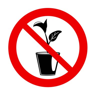 No houseplants prohibition sign. Forbidden icon with flower pot, white background. Seedling gardening plant in red crossed out circle. Do not grow concept. Isolated Natural Vector warning symbol.