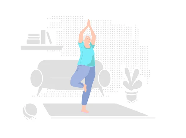 Oudere vrouw alleen die thuis yoga doet. Indoor gepensioneerde vrije tijd. Actieve gezonde levensstijl in quarantaine. Sport, fitness voor senioren. Balanstraining. Oude karakter oefeningen vector illustratie — Stockvector