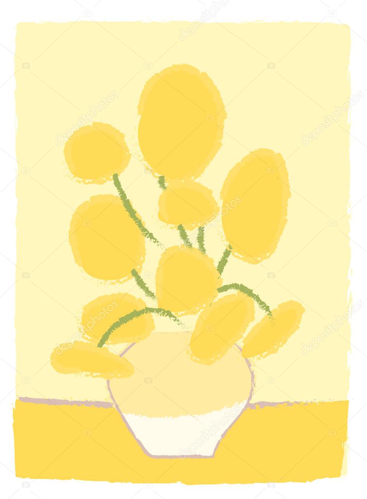 Sunflowers Van Gogh imitation like child s drawing in cartoon style. Impressionism painting art. Yellow flowers in vase. Bouquet Greeting card decoration. Simple vector stylized design isolated