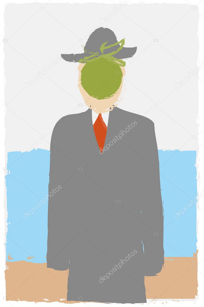 The Son of Man, Rene Magritte Imitation like child s drawing in cartoon style. surrealism painting art. Man and green apple greeting card decoration. Simple vector stylized design isolated