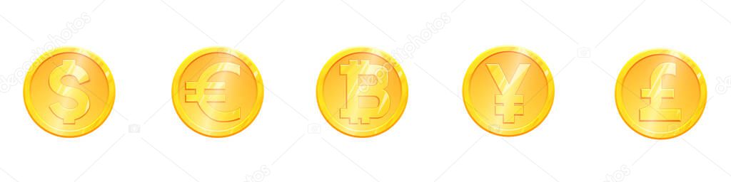World currency gold coin symbol set. Main currencies dollar euro yen pound bitcoin . Finance investment concept. Exchange Money banking illustration. Business income earnings. Financial sign vector