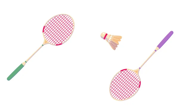 Badminton shuttlecock e raquetes para bandeira horizontal. Tenis Equipamento desportivo profissional isolado sobre fundo branco. ilustração competição abstrata. Espaço para cópia. Vector clip art —  Vetores de Stock