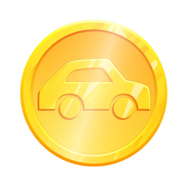 Ícone de moeda de ouro carro isolado no fundo branco. Logotipo de metal automotivo para design de aplicativos móveis. Viagem Pictograma simples. Transporte Elemento gráfico para interface vetorial — Vetor de Stock