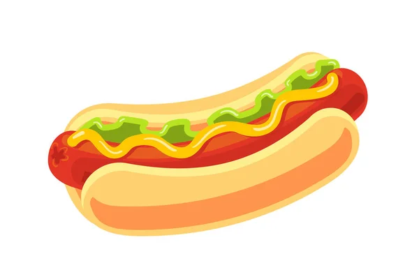 Klasszikus hotdog elszigetelt fehér háttérrel. Gyorsétterem vektor tárgy. Nagy Hot dog rajzfilm illusztráció. Elvitt élelmiszer szimbólum banner vagy design plakát — Stock Vector