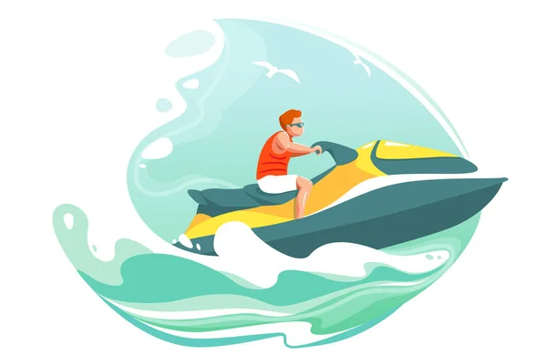 Muž jezdí na jetski v plakátu s mořským vektorem. Aquabike na ilustraci vln oceánu. Letní kreslený krajina s charakterem v slunečních brýlích na vodní skútr. Extrémní nápis pro vodní sporty. Vlnit izolované pozadí — Stockový vektor