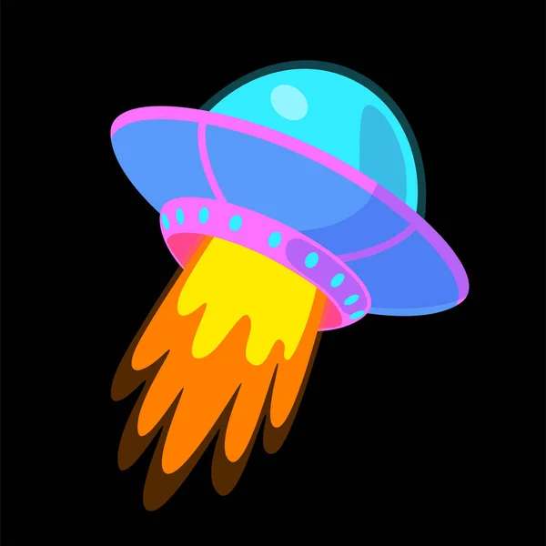 Fantasia disco voador adesivo dos desenhos animados. UFO vetor ilustração a cores. Nave infantil isolada em fundo preto. Elemento de design de nave alienígena. Criança cósmica clip art — Vetor de Stock