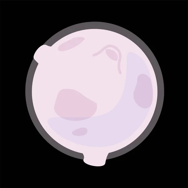 Ícone de desenho animado da lua rosa isolado no fundo preto. Luna redonda com crateras Design simples de doodle plana. Vector logotipo clip art. etiqueta de lua cheia — Vetor de Stock